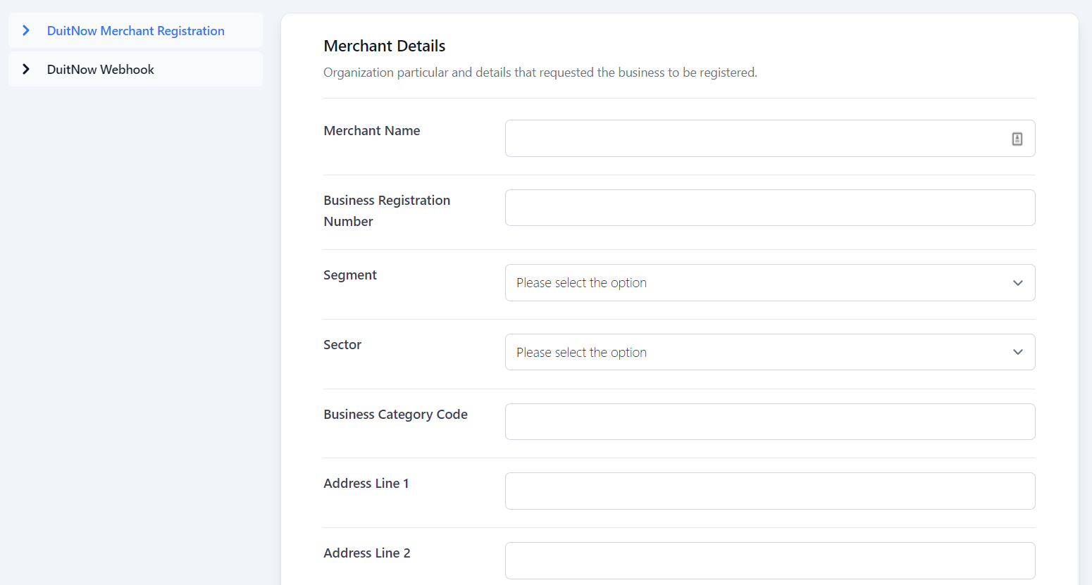 Screenshot of Merchant Registration tab