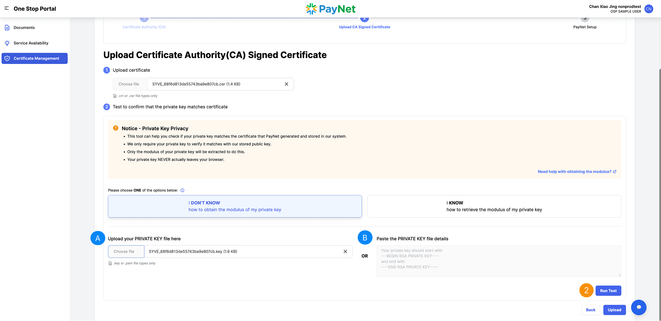 One Stop Portal Certificate Renewal Test Private Key - Option 1