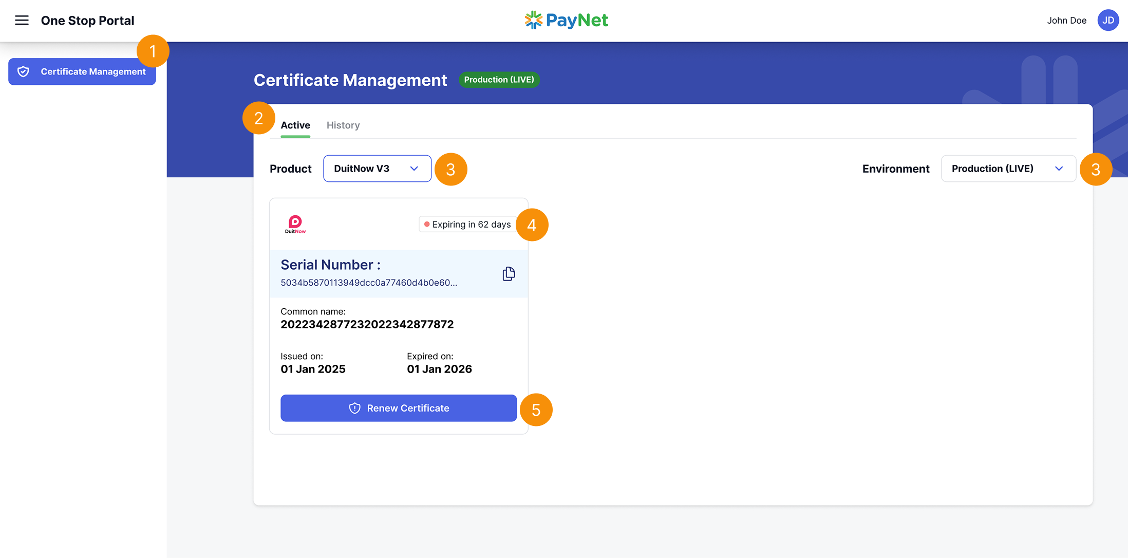 One Stop Portal Certificate Renewal Page