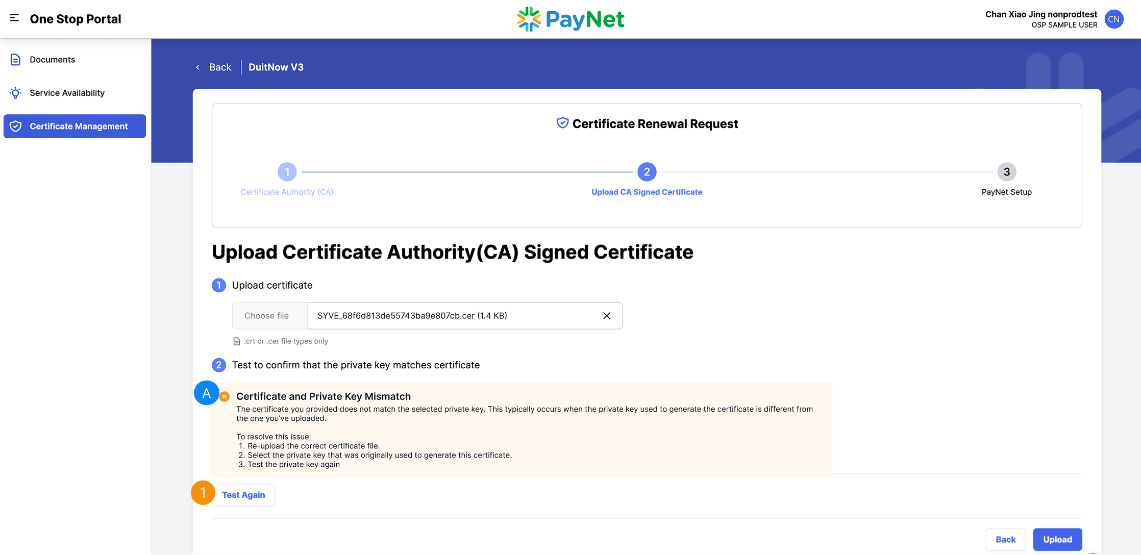 One Stop Portal Certificate Renewal Test Private Key Result Test Again