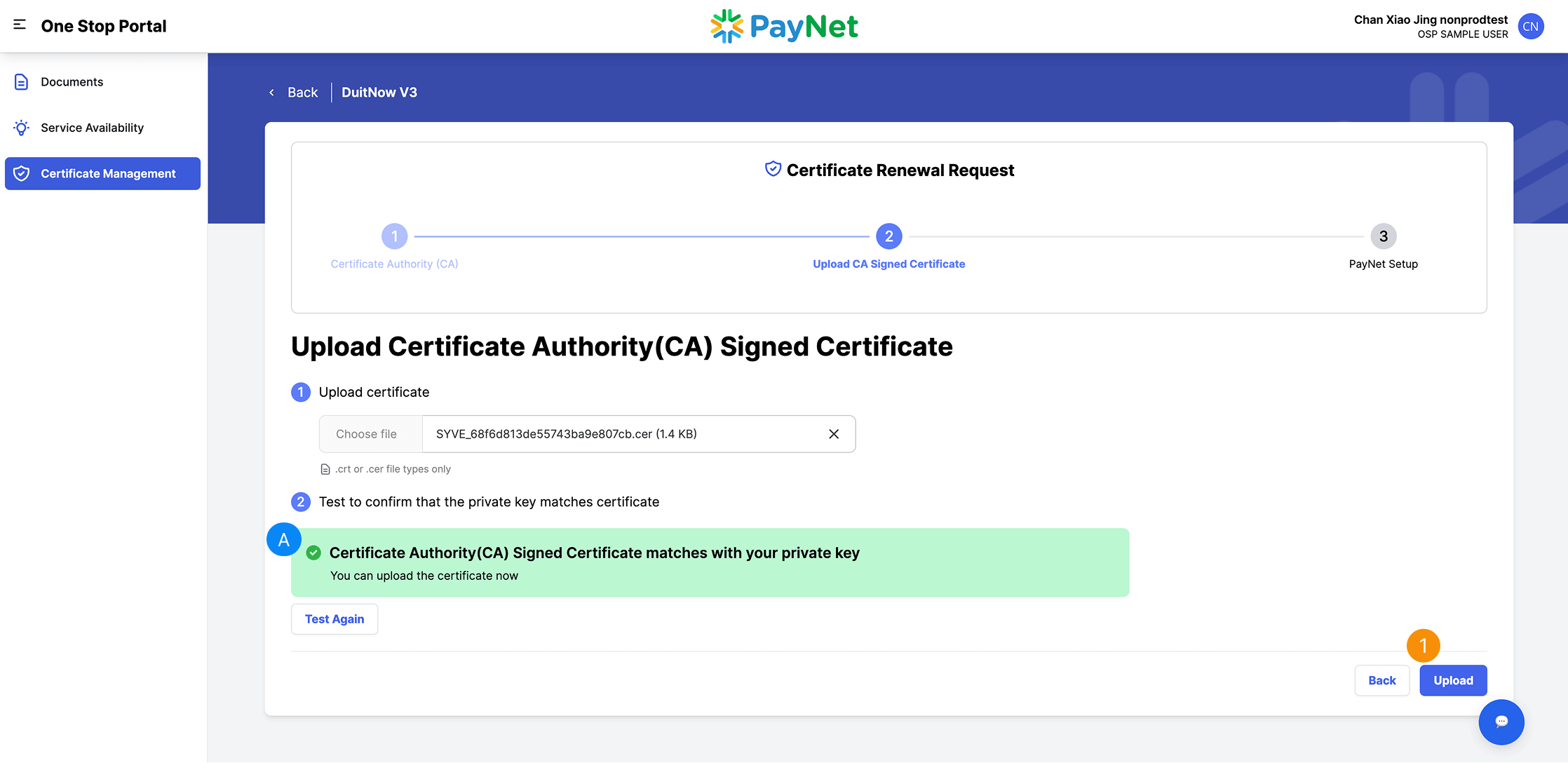 One Stop Portal Certificate Renewal Test Private Key Result