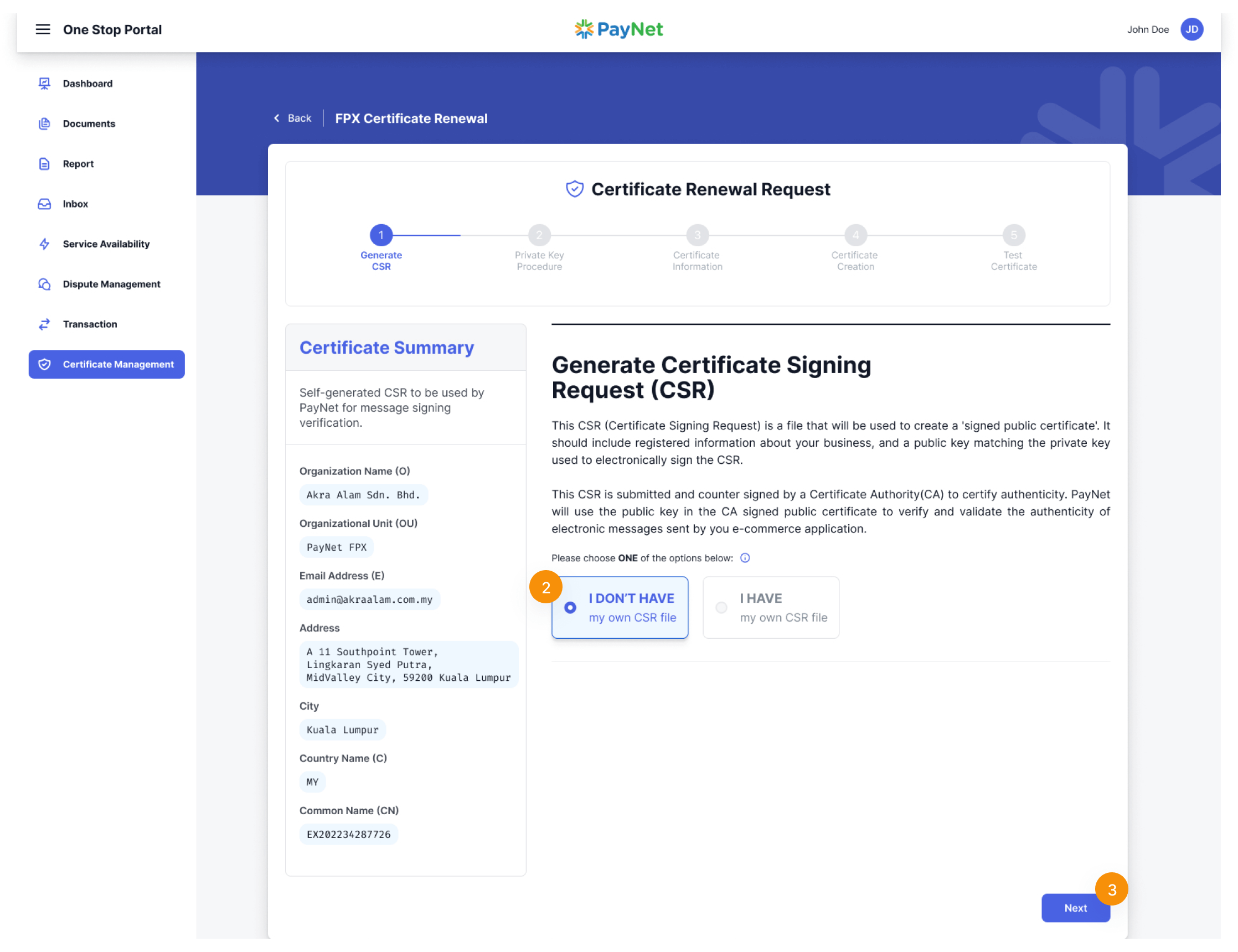 Certificate Signing Request (CSR) Procedure Option 1 Step 2