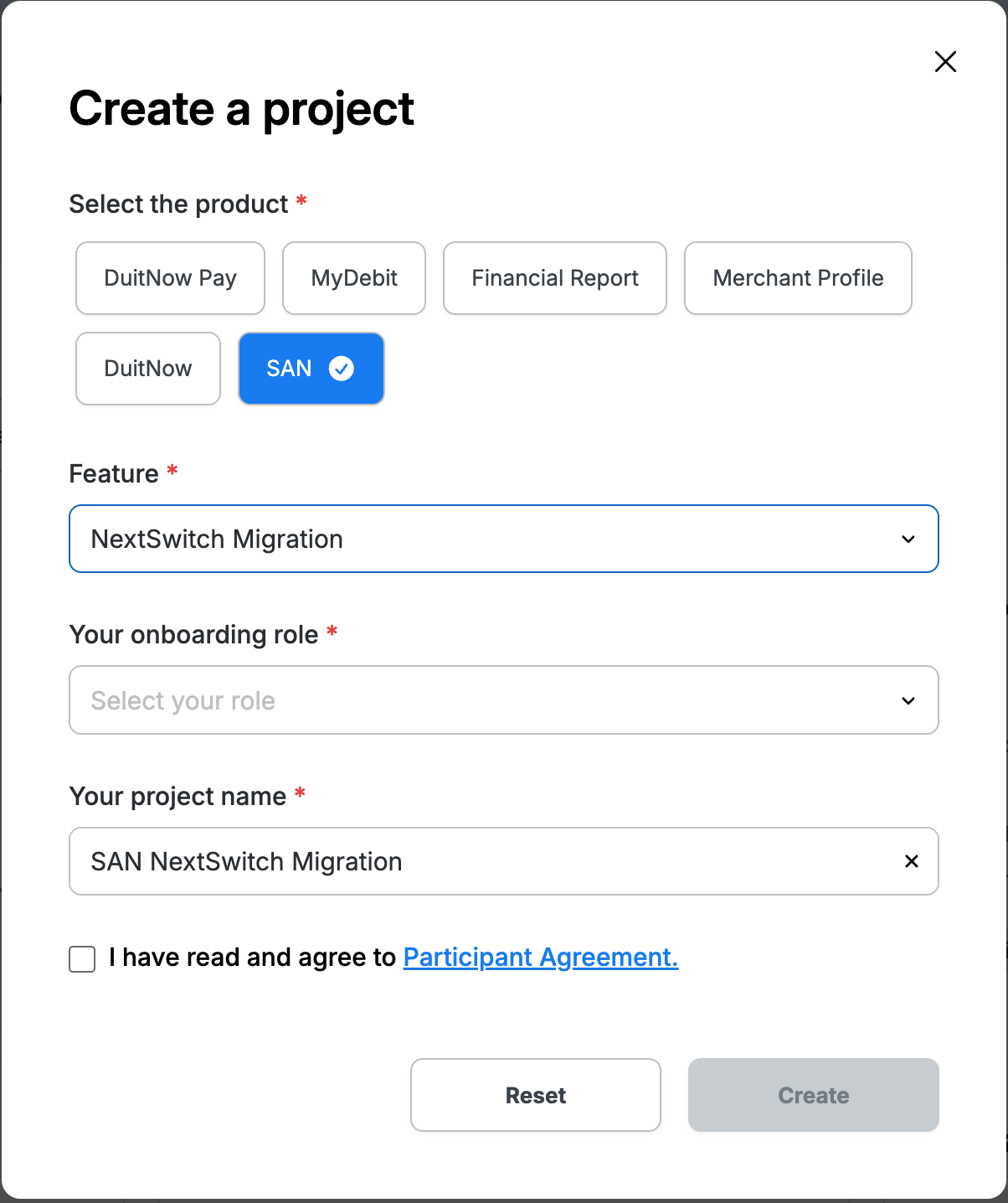 Create project form